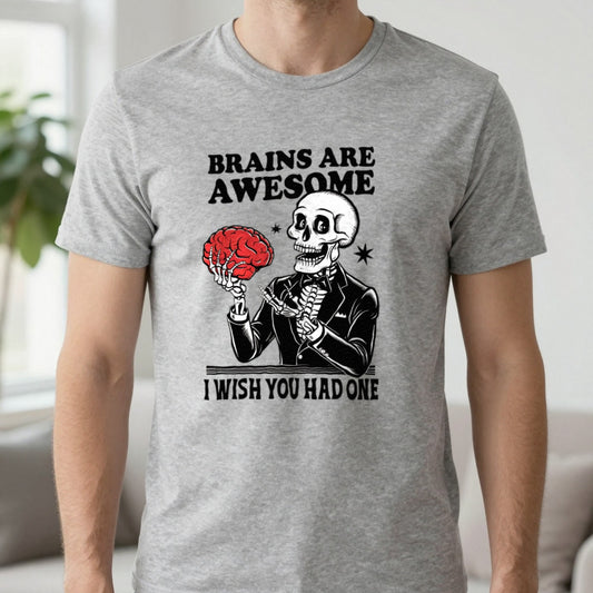 Brains Are Awesome Funny Halloween T-Shirt worn, lifestyle photo