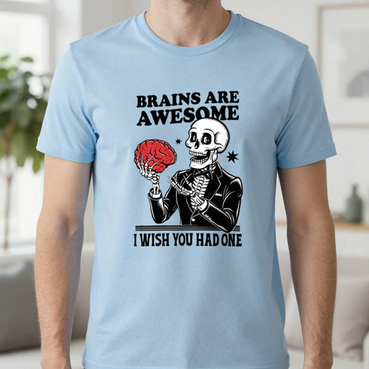 Brains Are Awesome Funny Halloween T-Shirt in Light Blue, worn, our photo