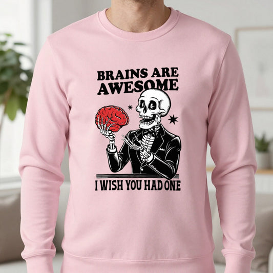 Brains Are Awesome Skeleton Halloween Sweatshirt in Light Pink, worn, our photo