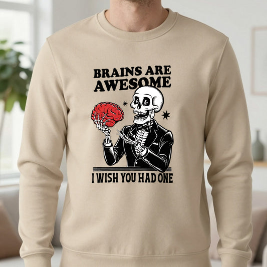 Brains Are Awesome Skeleton Halloween Sweatshirt in Sand, worn, our photo