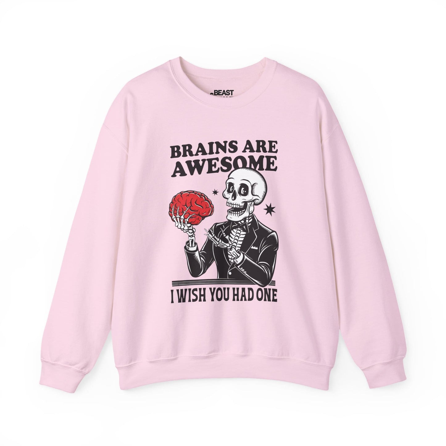 light pink sweatshirt with brains are awesome skeleton halloween graphic for spooky season