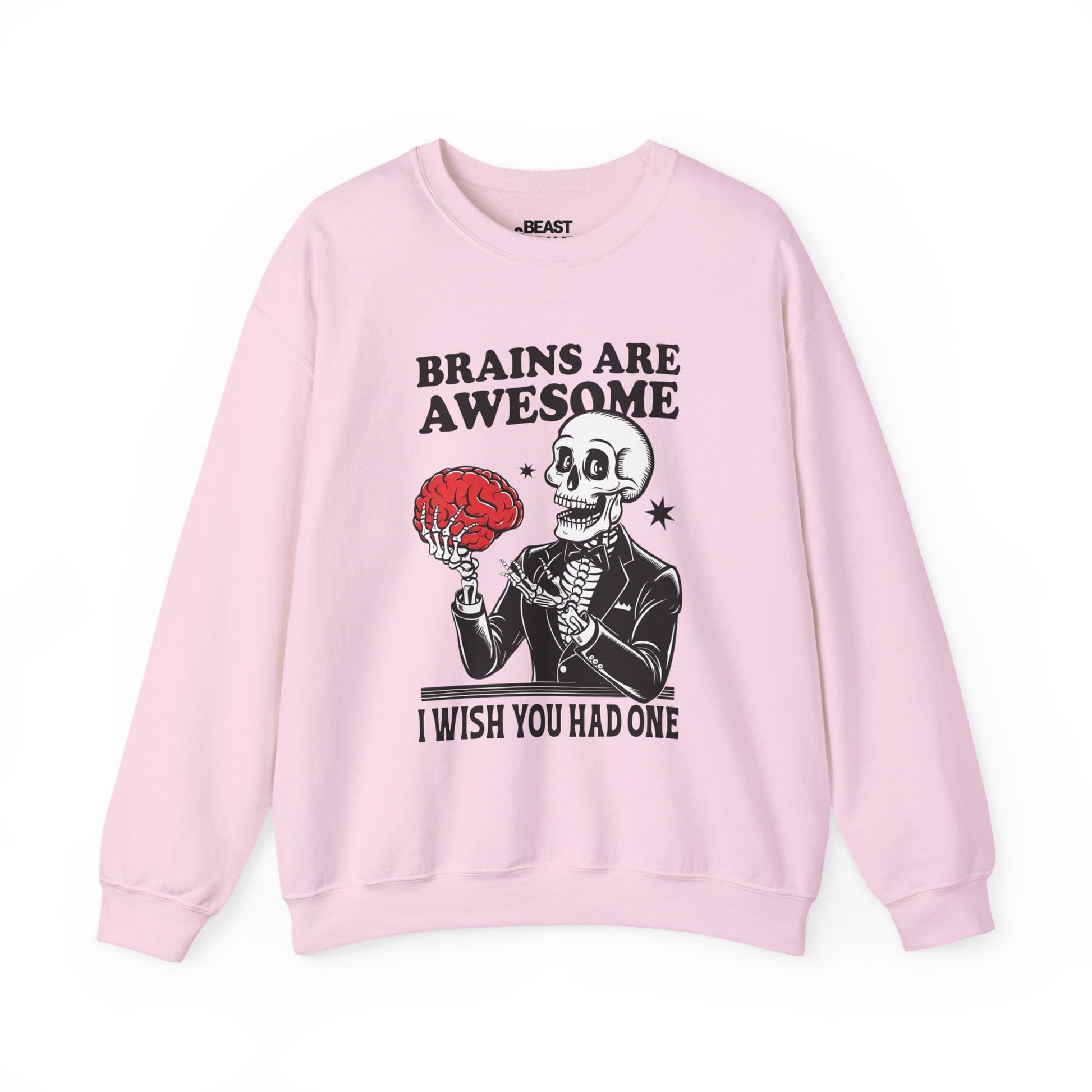 light pink sweatshirt with brains are awesome skeleton halloween graphic for spooky season