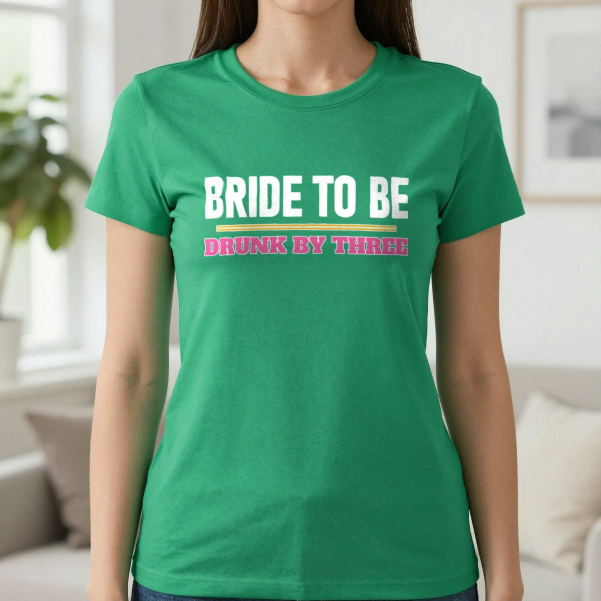 Bride To Be Drunk By Three Hen Do T-Shirt & Sweatshirt in Irish Green, worn, our photo