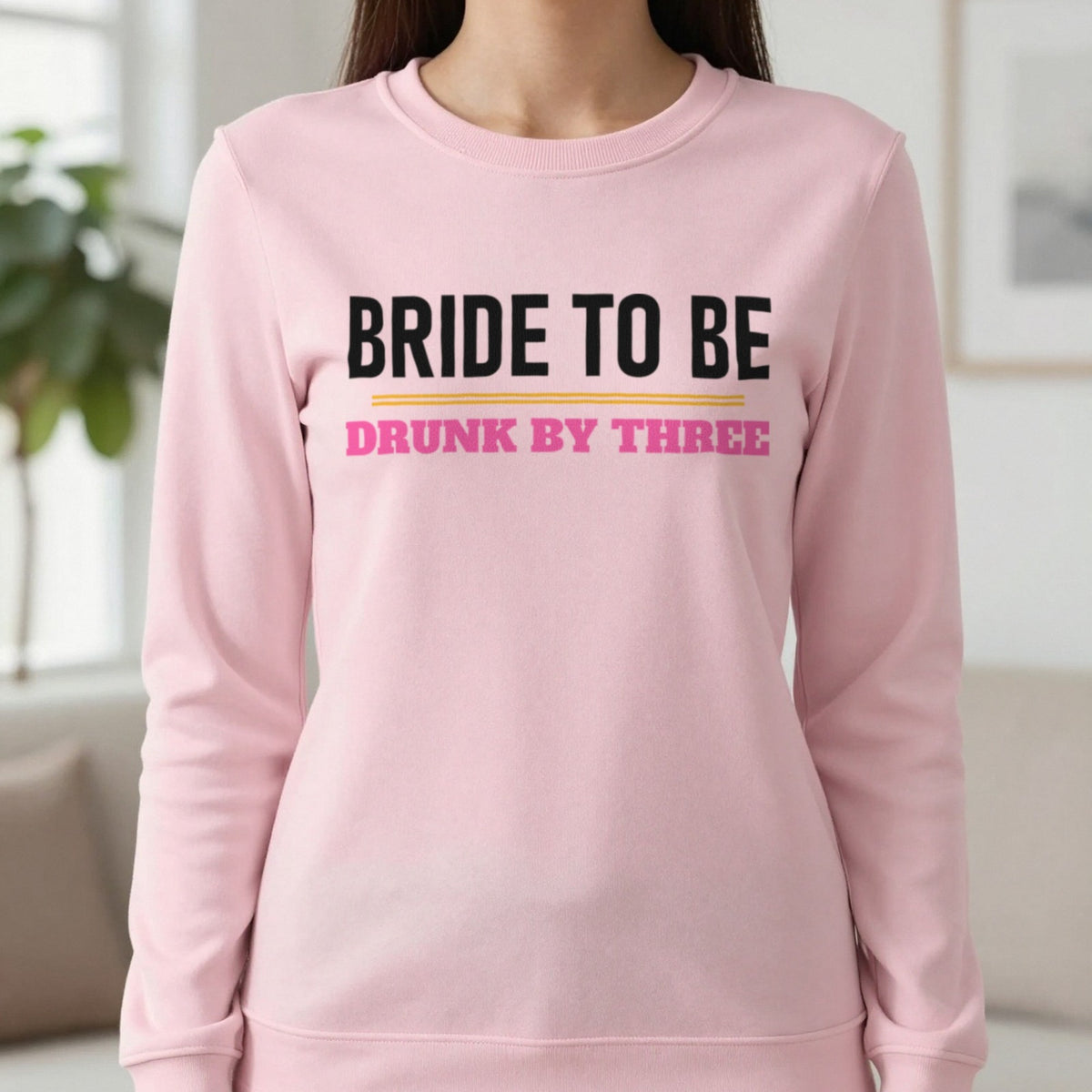 Bride To Be Drunk By Three Hen Do T-Shirt & Sweatshirt in Light Pink, worn, our photo