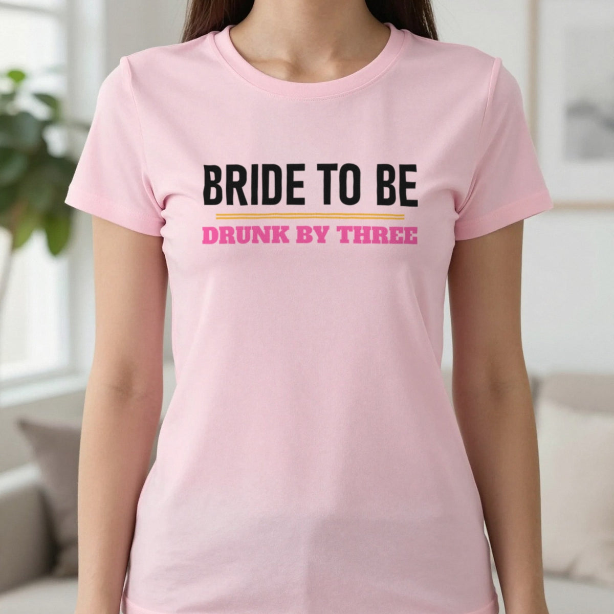 Bride To Be Drunk By Three Hen Do T-Shirt & Sweatshirt in Light Pink, worn, our photo