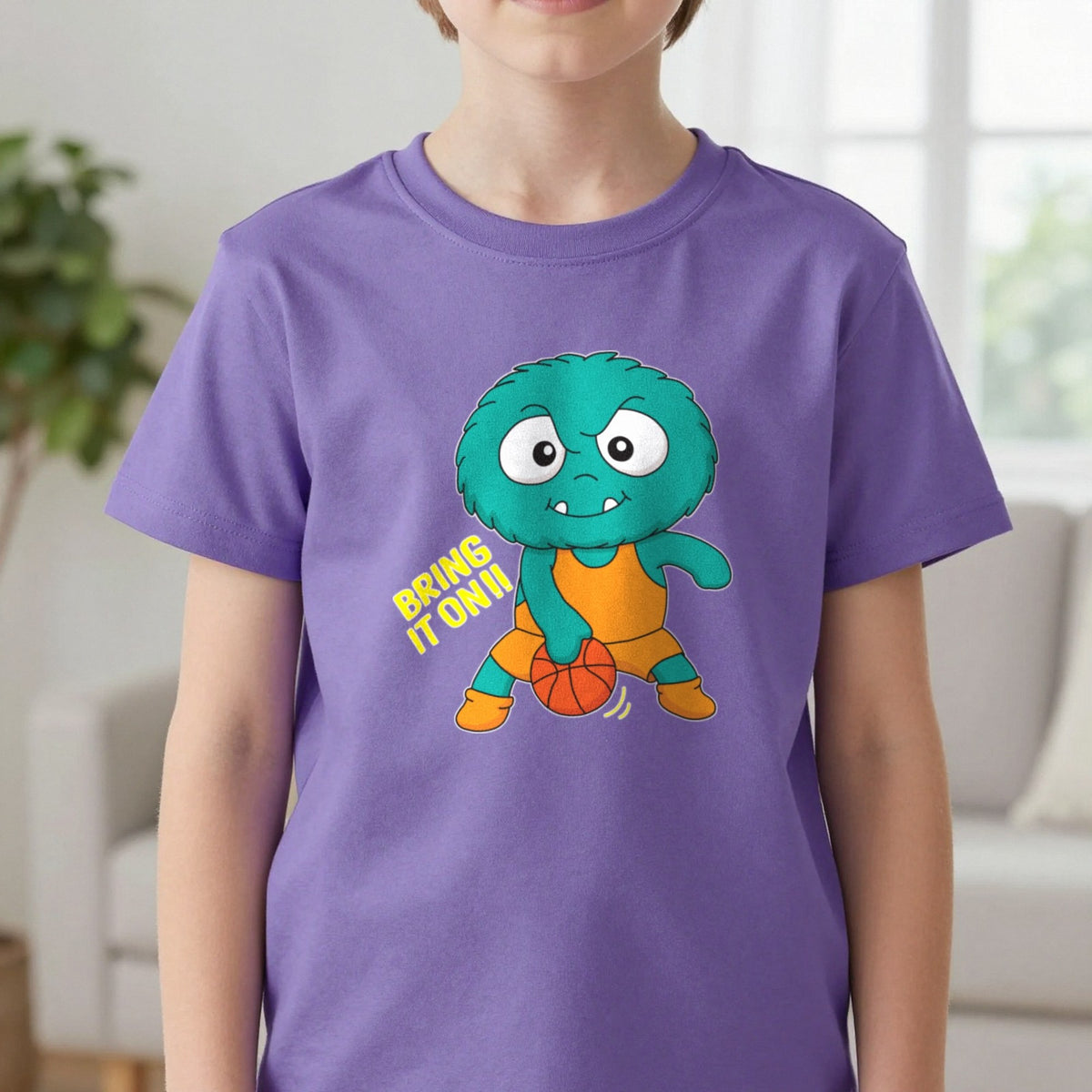 Kids Bring It On Basketball Monster T-Shirt & Sweatshirt in Purple, worn, our photo