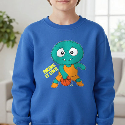 Kids Bring It On Basketball Monster T-Shirt & Sweatshirt in Royal, worn, our photo