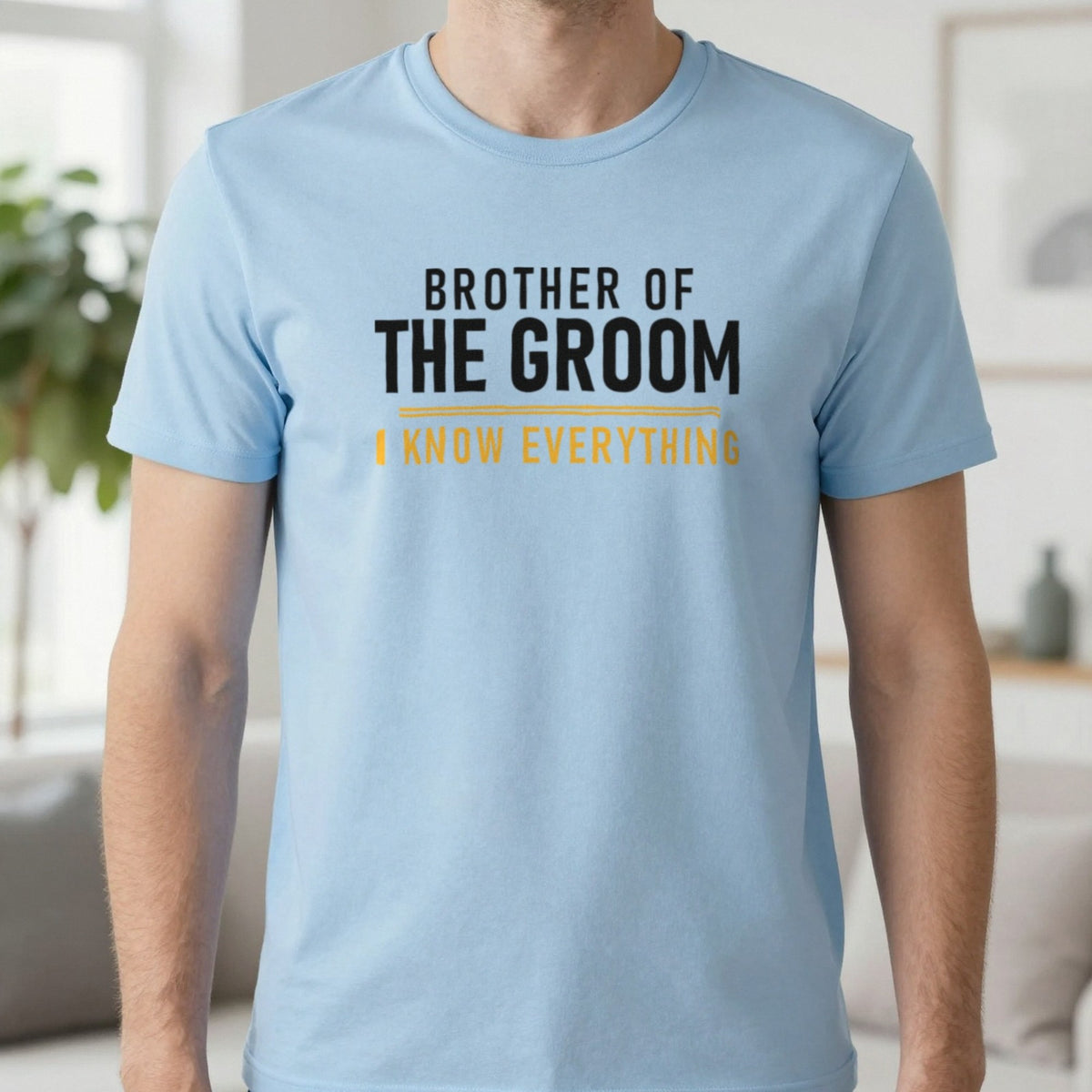 Brother Of The Groom I Know Everything Stag Do T-Shirt & Sweatshirt in Light Blue, worn, our photo