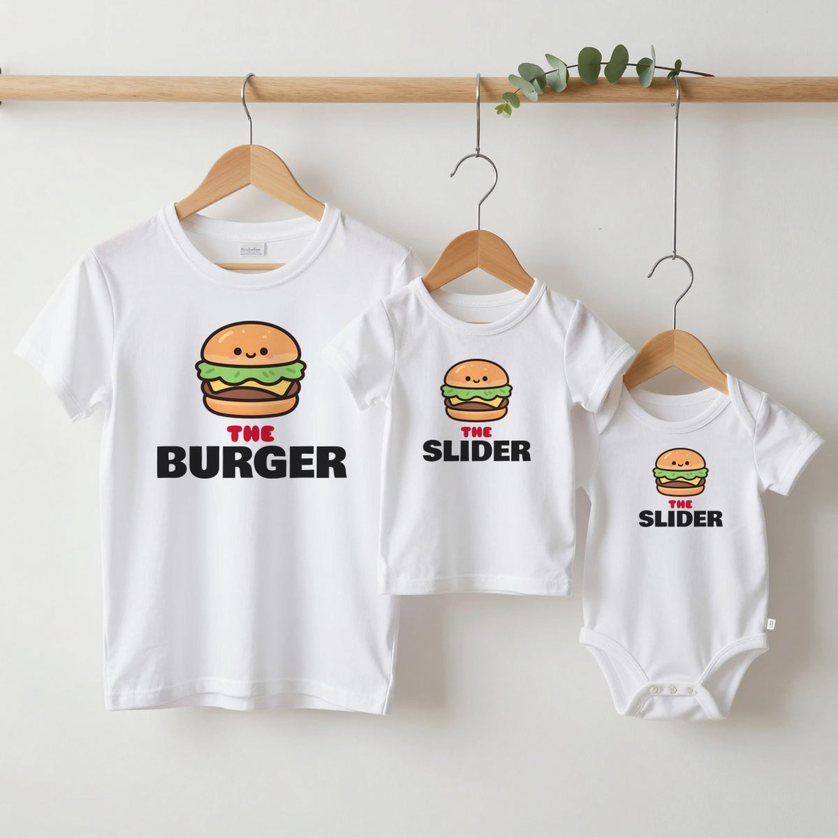 Burger & Slider matching set grown-up tee, kids tee and baby grow on hangers