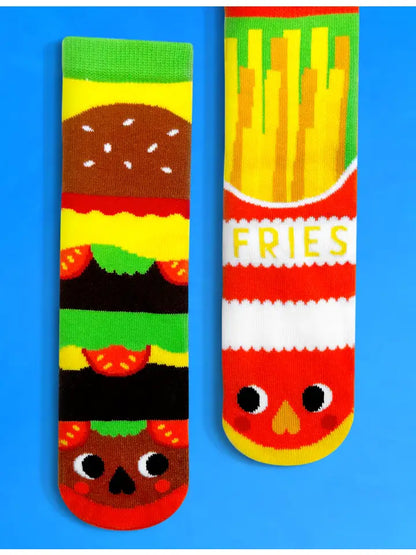 mismatched burger and fries novelty socks front view for food lovers
