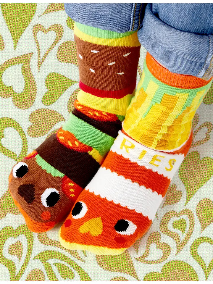 burger sock and fries sock pair laid flat showing mismatched food design