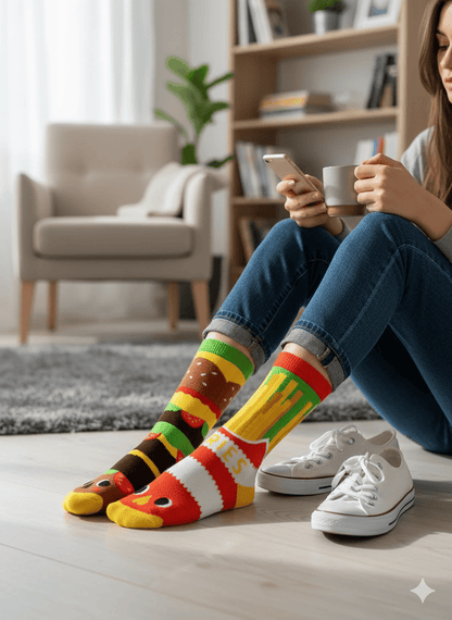 close-up of burger novelty sock design on colourful background