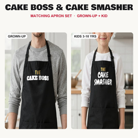 Cake Boss & Cake Smasher matching apron set in Black: grown-up and kids aprons, our photo