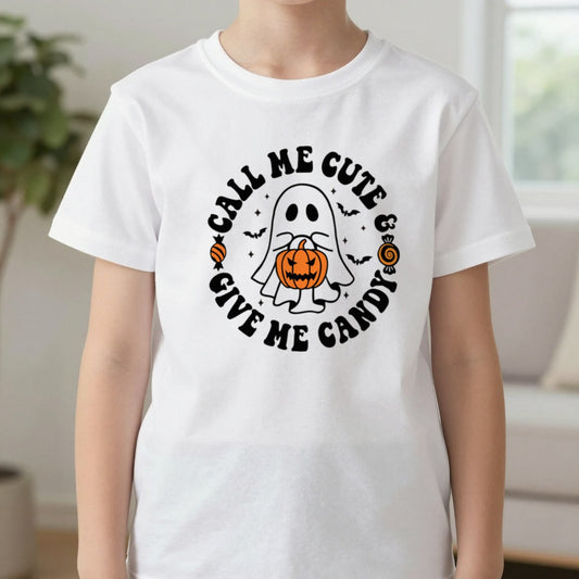 Call Me Cute Give Me Candy Kids Halloween T-Shirt worn, lifestyle photo