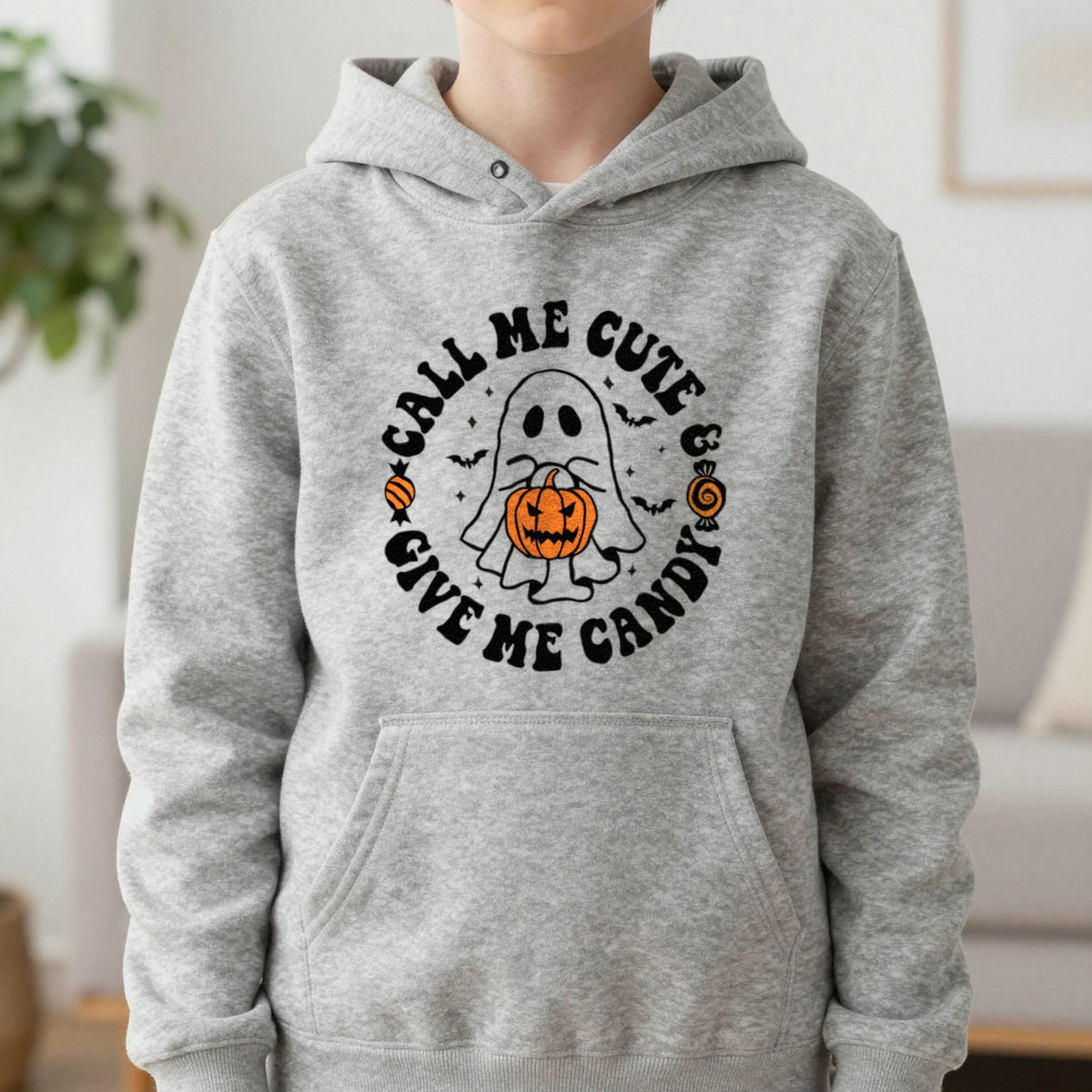 Call Me Cute Give Me Candy Halloween Kids Hoodie in Sport Grey, worn, our photo