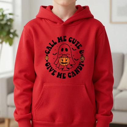 Call Me Cute Give Me Candy Halloween Kids Hoodie in Red, worn, our photo