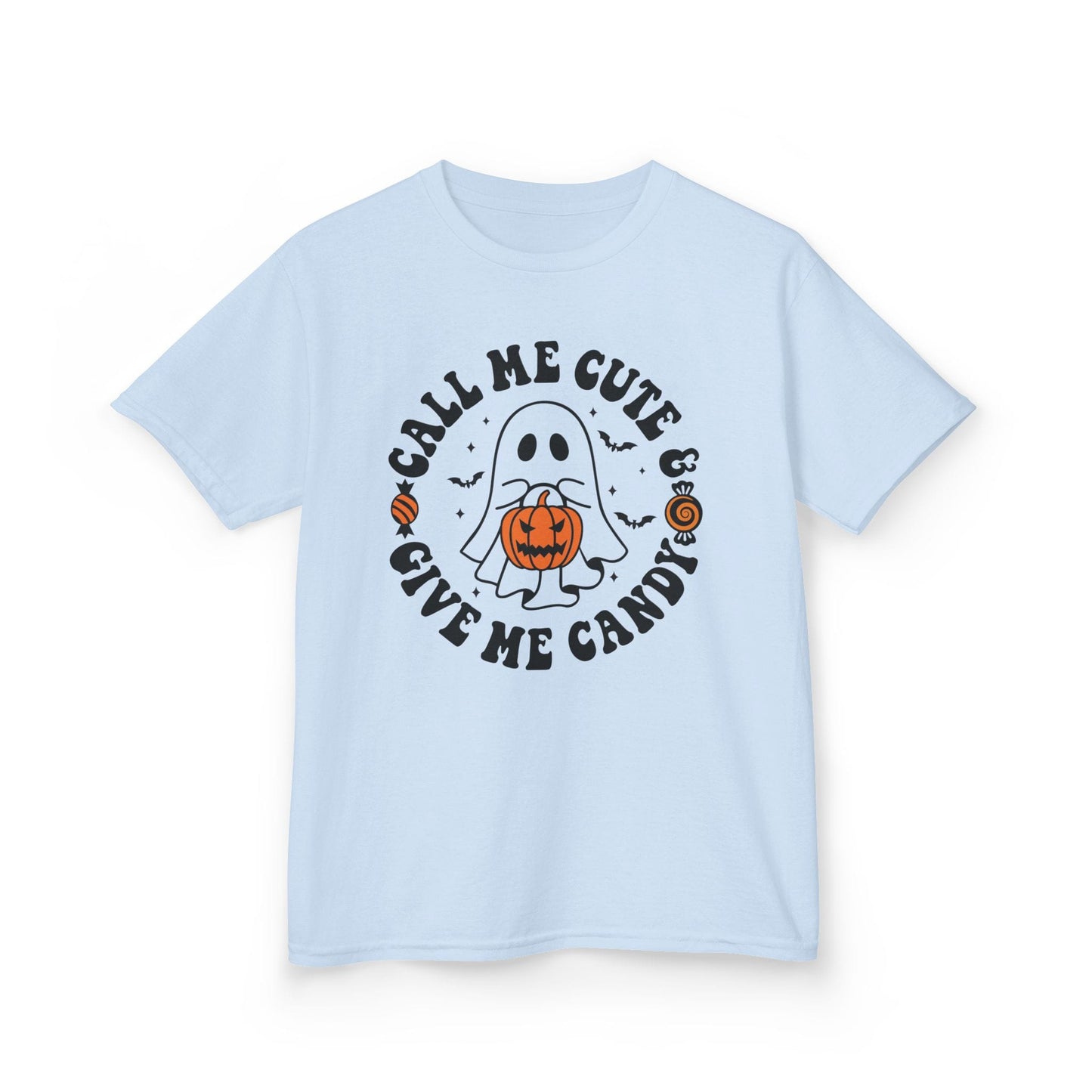 light blue kids halloween t-shirt with cute ghost and candy halloween slogan print