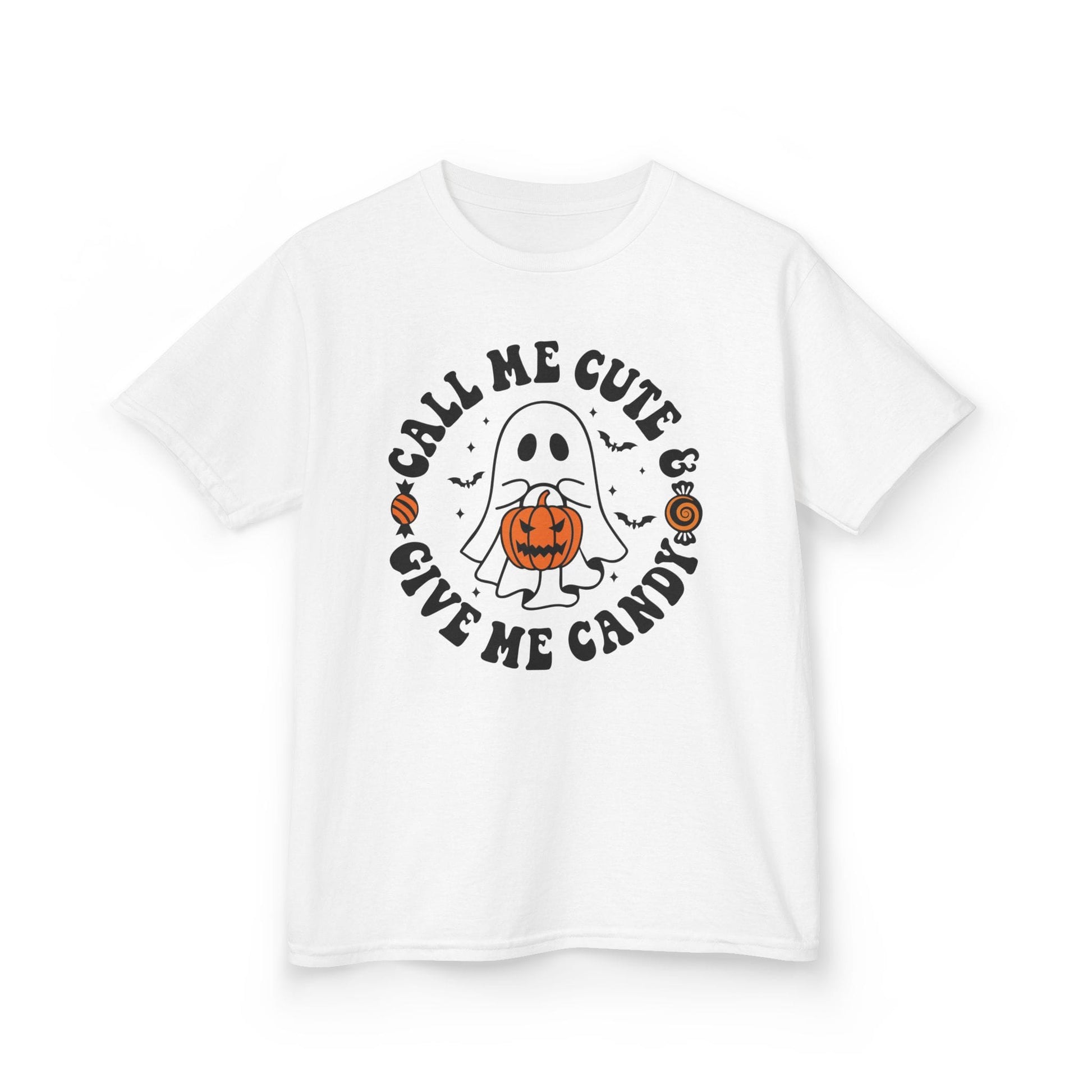 white kids halloween t-shirt with call me cute give me candy ghost graphic