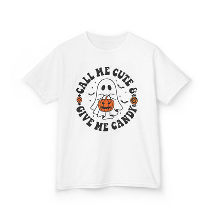 white kids halloween t-shirt with call me cute give me candy ghost graphic