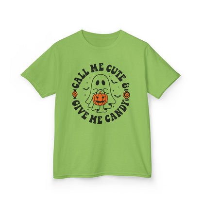 lime green kids halloween t-shirt with cute ghost give me candy slogan design
