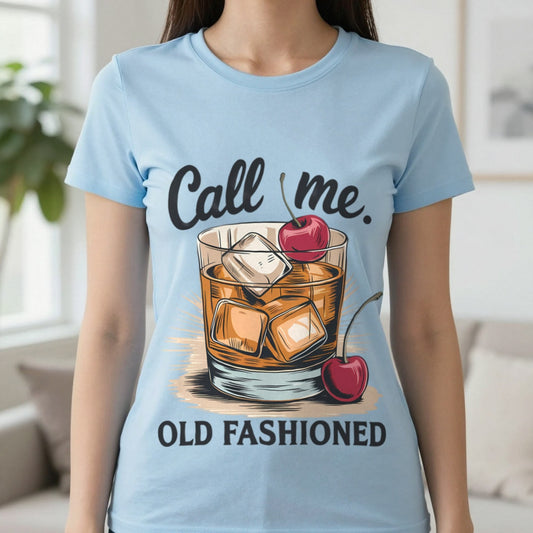 Call Me Old Fashioned Cocktail Lover T-Shirt in Light Blue, worn, our photo
