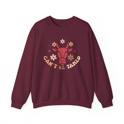 cowgirl sweatshirt with cant be tamed vintage western design laid flat