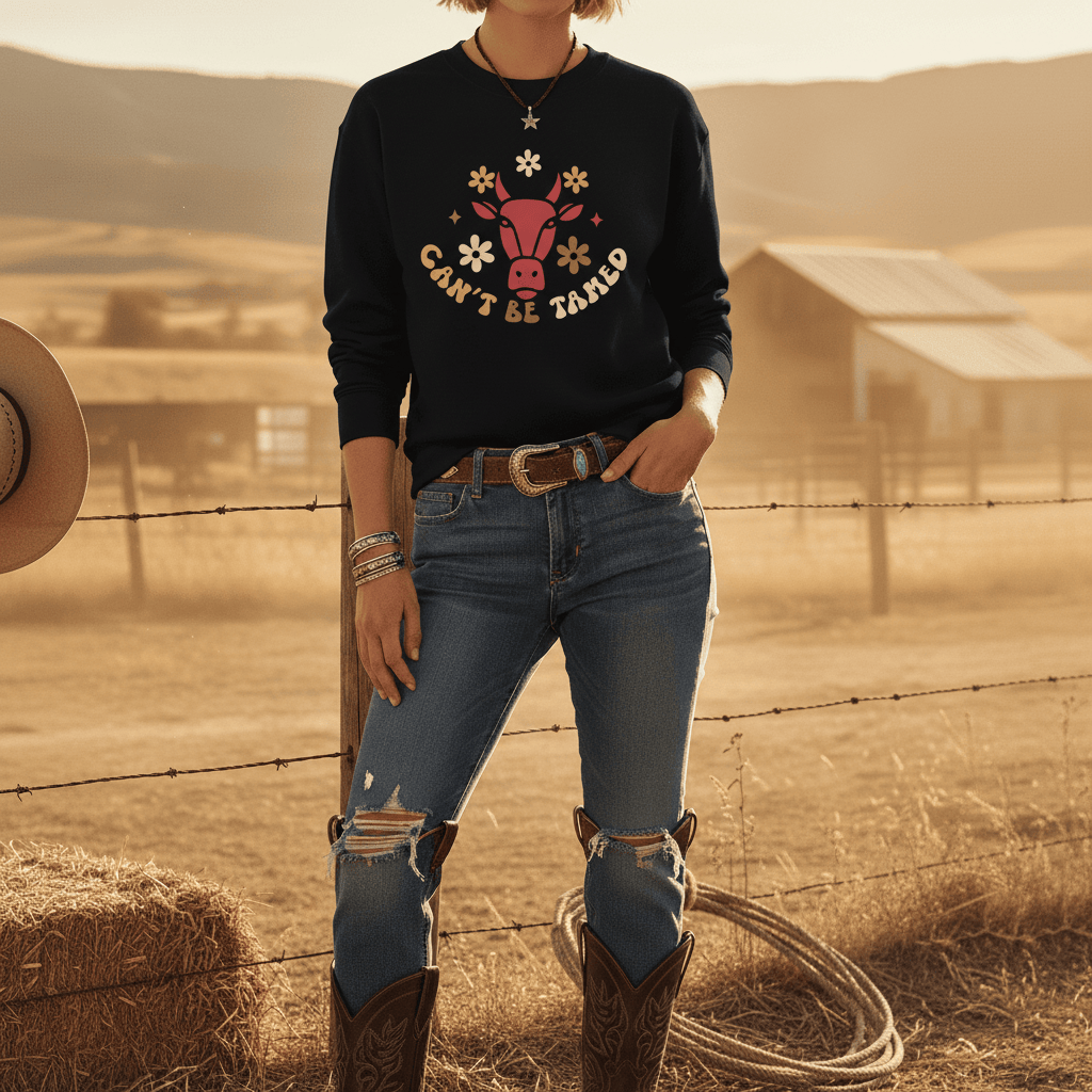 dark heather cowgirl sweatshirt with cant be tamed vintage western graphic