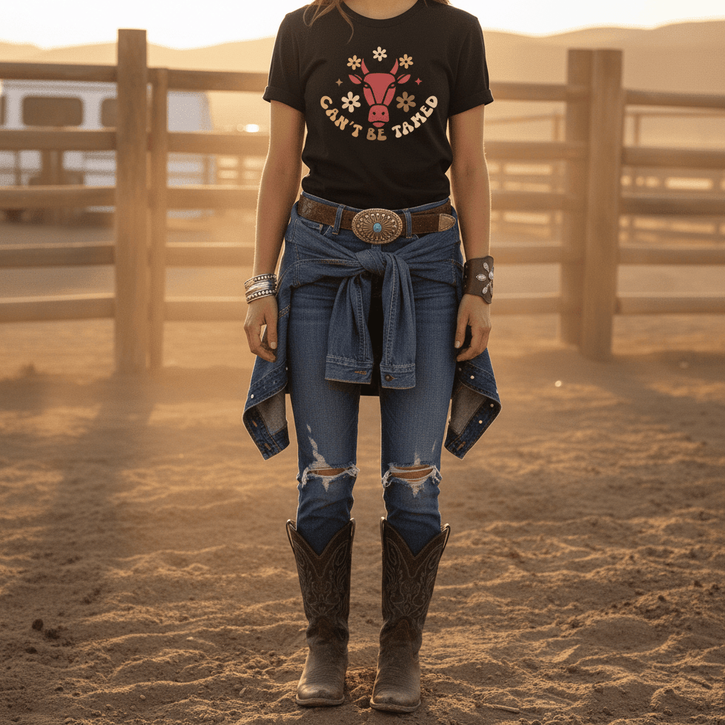 dark chocolate t-shirt with can't be tamed cowgirl slogan design for women