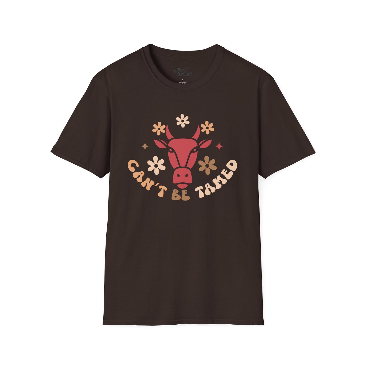 dark heather t-shirt with can't be tamed cowgirl graphic for country style