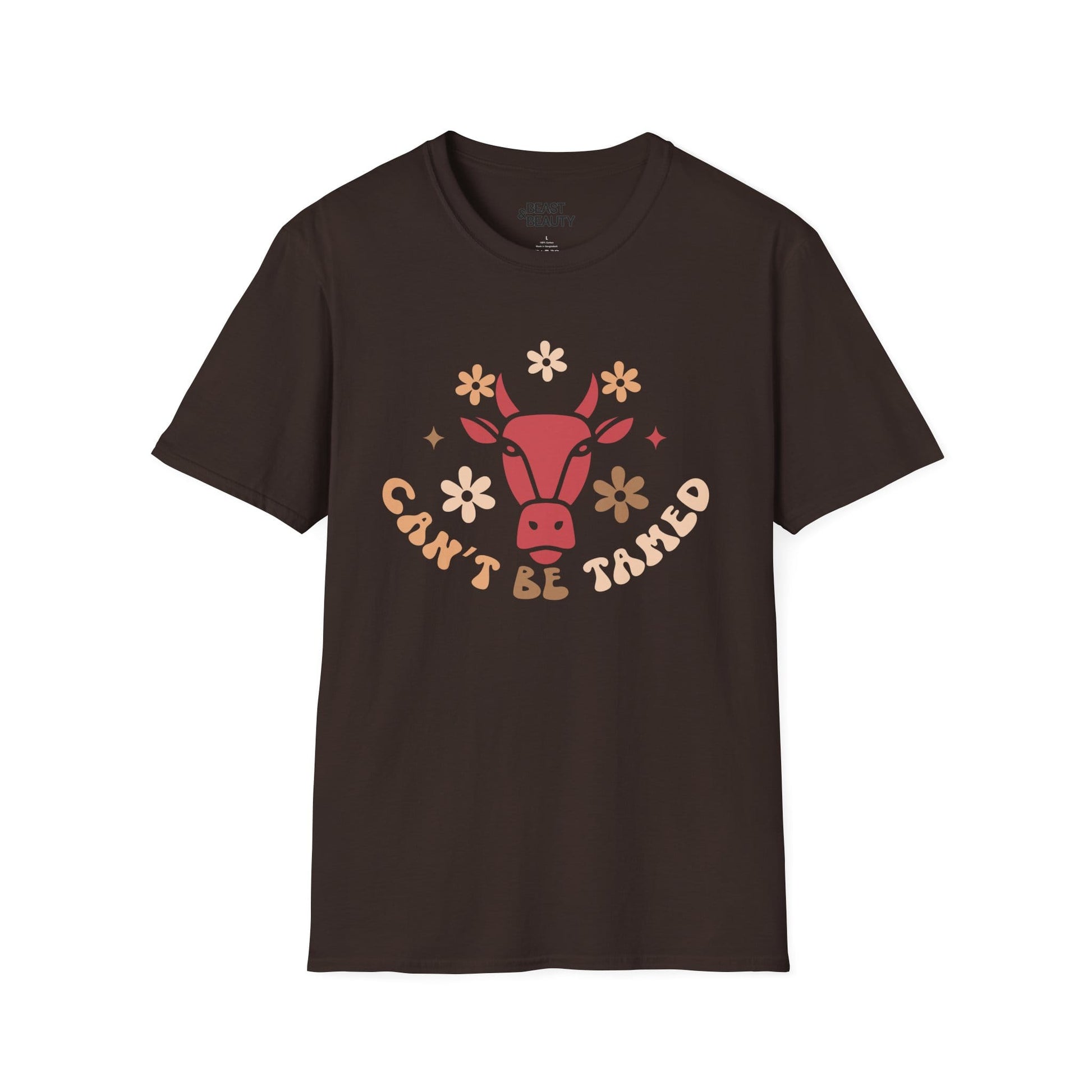 dark heather t-shirt with can't be tamed cowgirl graphic for country style