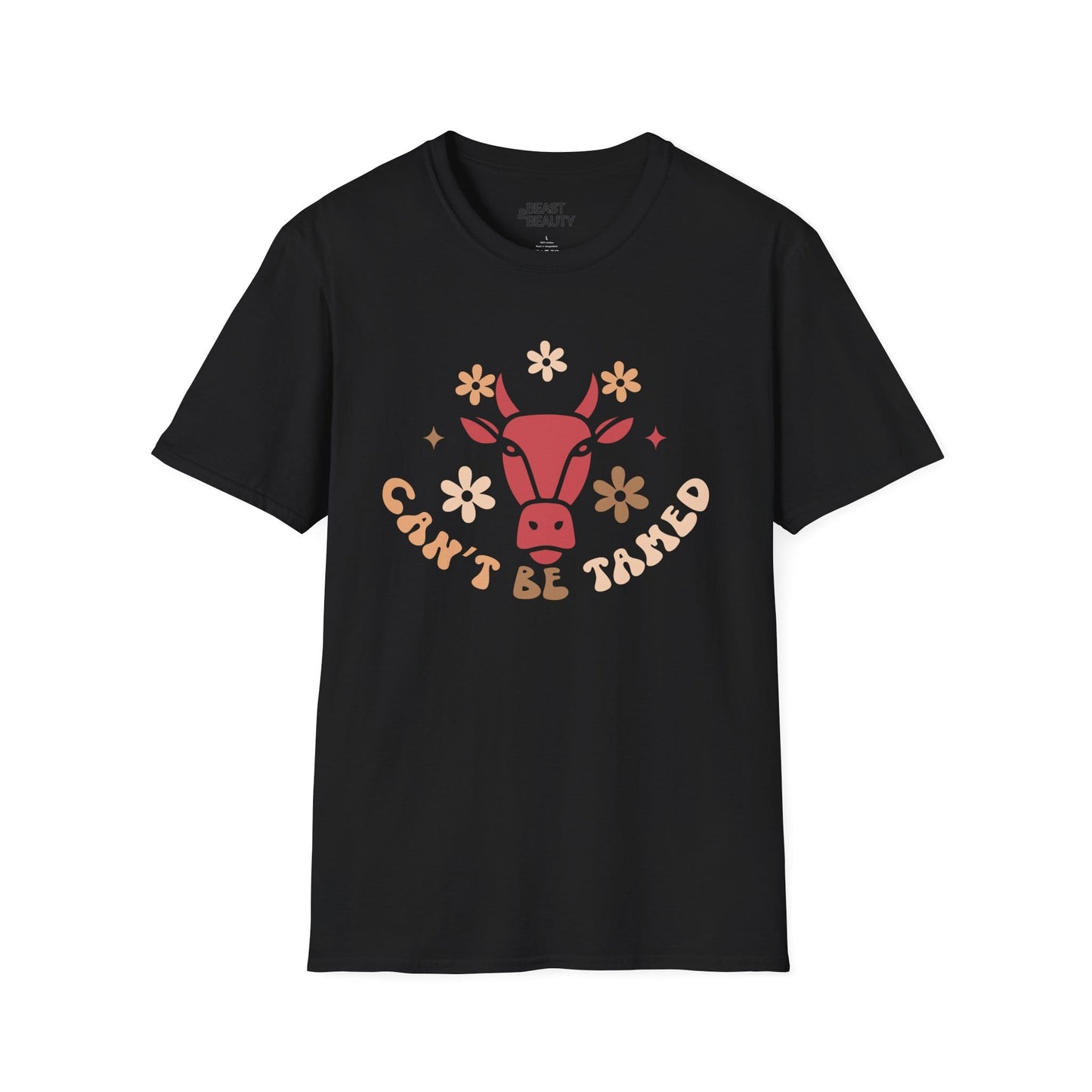 navy t-shirt with can't be tamed bold western cowgirl graphic