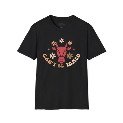 navy t-shirt with can't be tamed bold western cowgirl graphic
