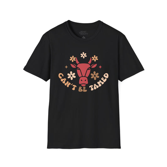 navy t-shirt with can't be tamed bold western cowgirl graphic