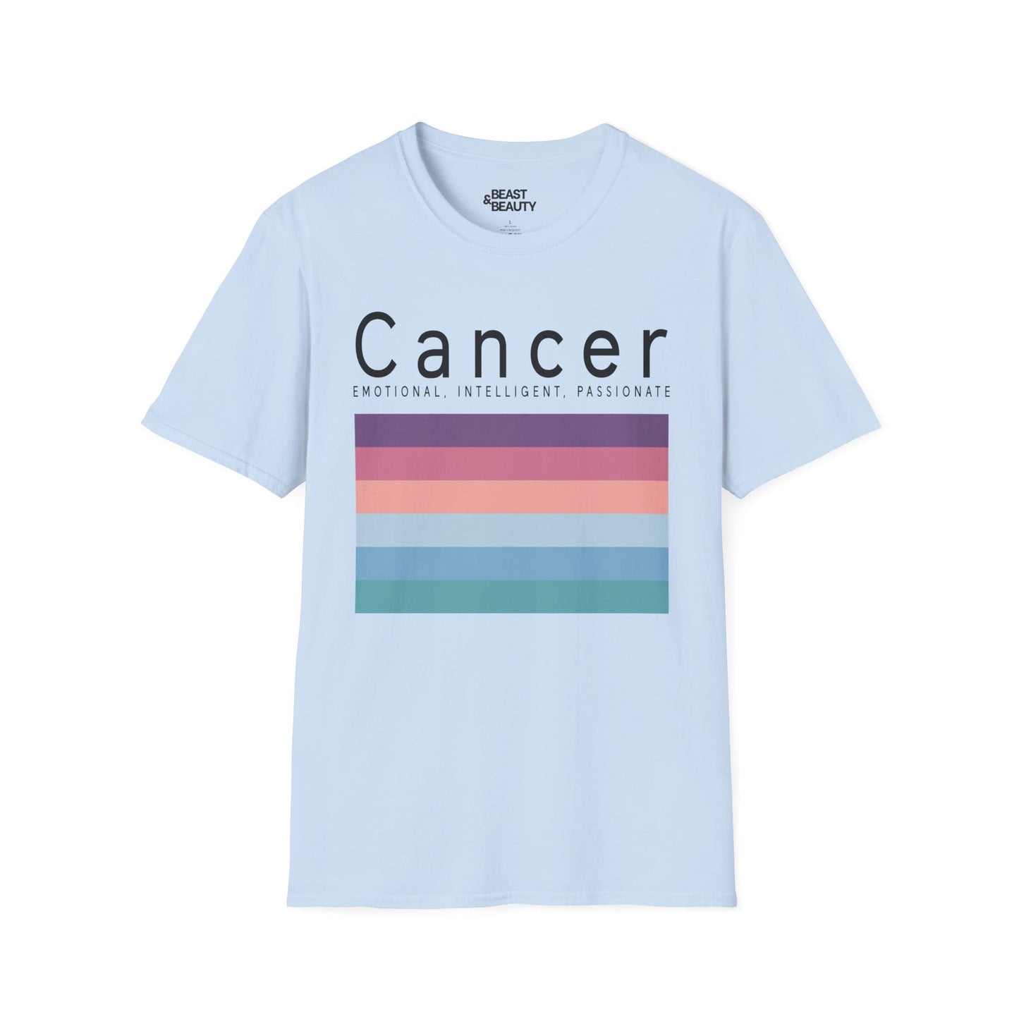 natural t-shirt with cancer celestial zodiac design front view