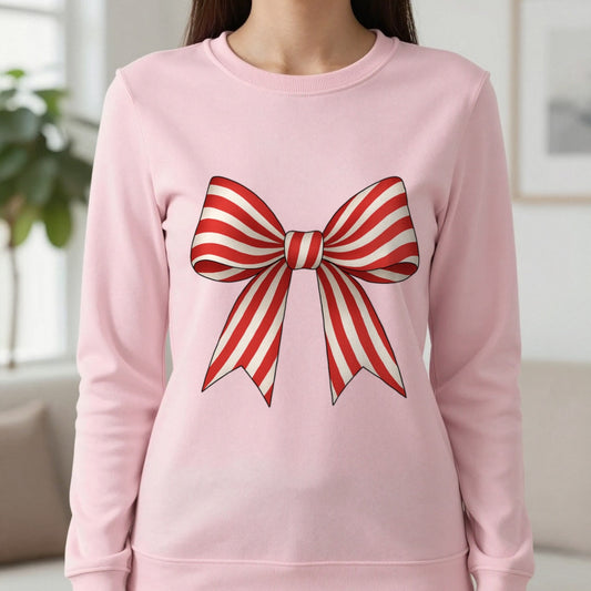 Candy Cane Bow Sweatshirt in Light Pink, worn, our photo
