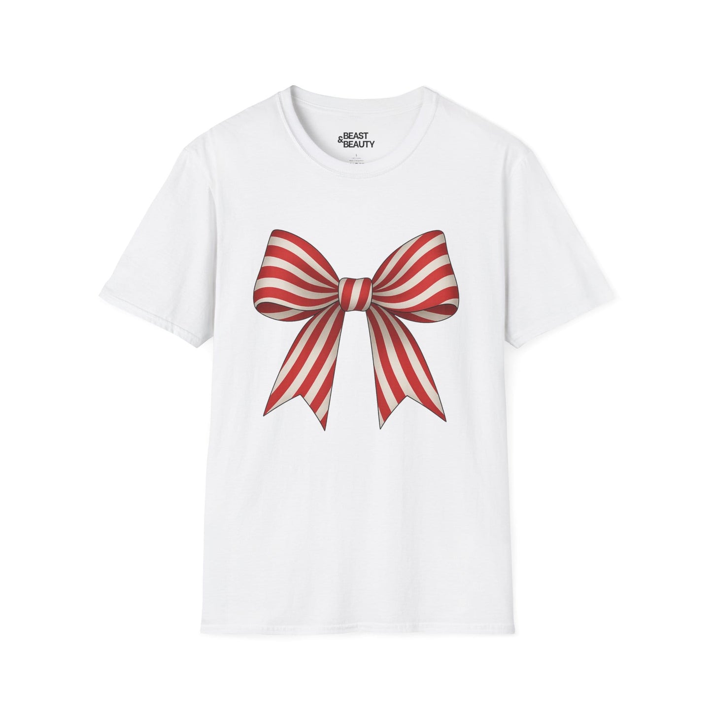 white t-shirt with candy cane bow coquette christmas design