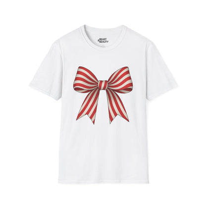 white t-shirt with candy cane bow coquette christmas design