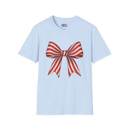 light blue t-shirt with candy cane striped bow festive design