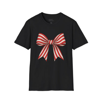 black t-shirt with candy cane bow coquette christmas design for women