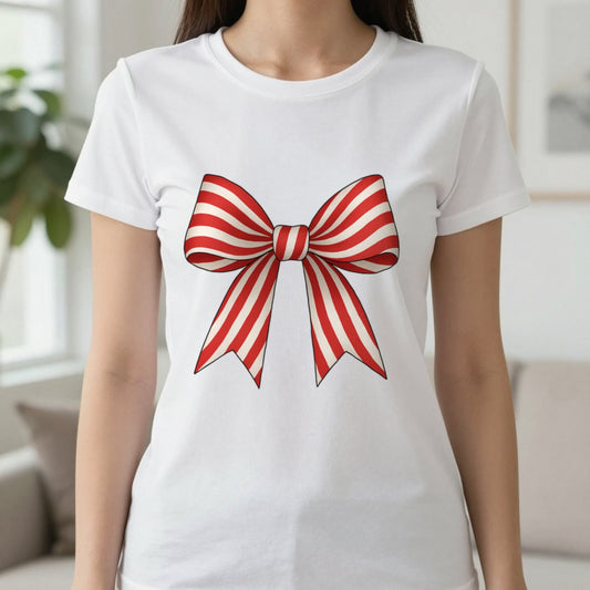 Candy Cane Bow T-Shirt worn, lifestyle photo