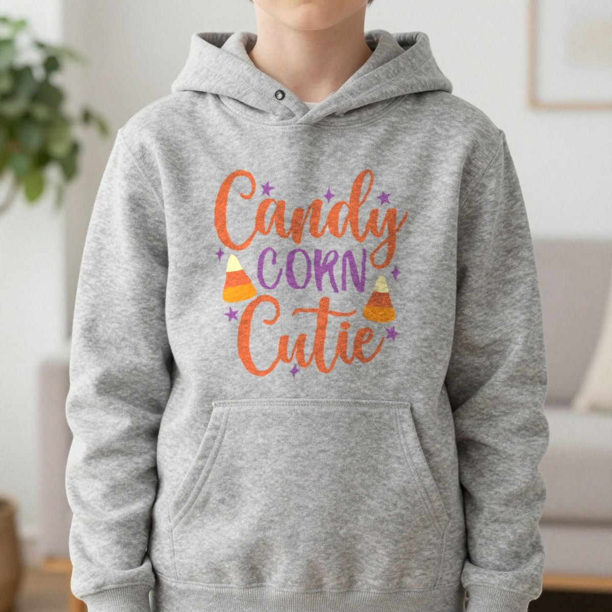 Candy Corn Cutie Halloween Kids Hoodie in Sport Grey, worn, our photo