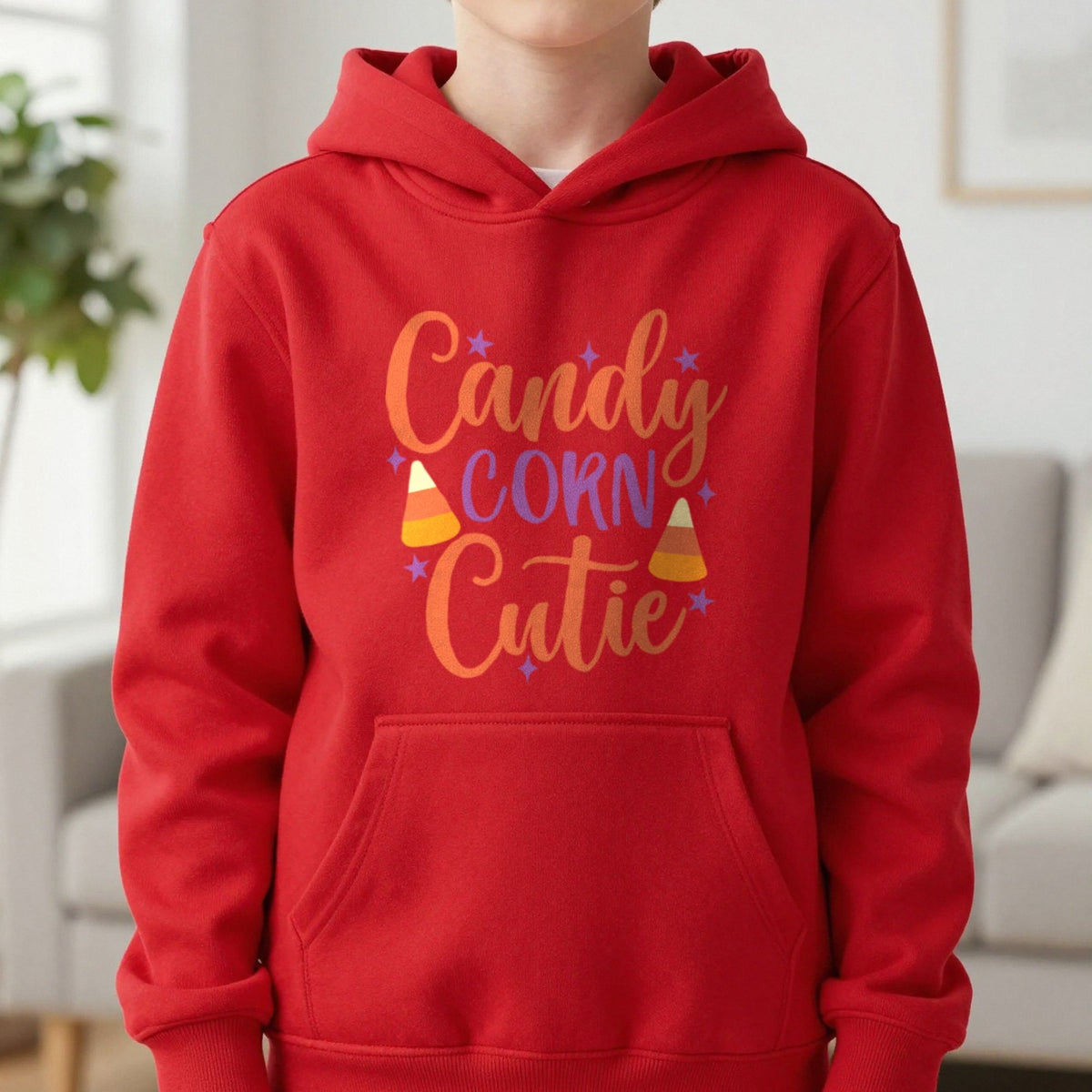 Candy Corn Cutie Halloween Kids Hoodie in Red, worn, our photo