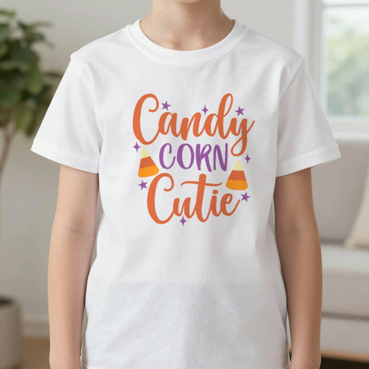Candy Corn Cutie Halloween Kids T-Shirt worn, lifestyle photo