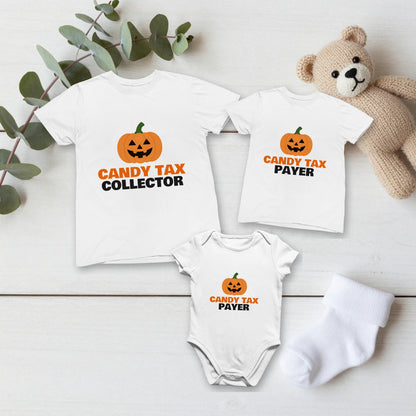 Candy Tax Collector & Candy Tax Payer Halloween matching set flat lay with kids tee