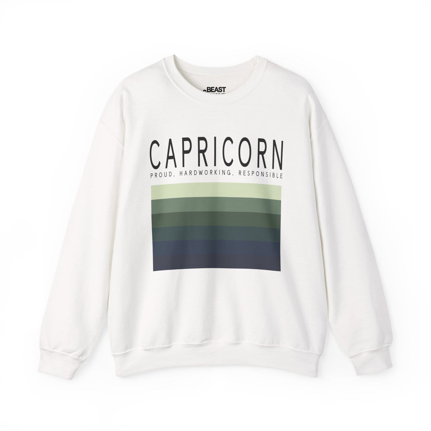 white sweatshirt with minimalist retro capricorn zodiac sign design for astrology fans