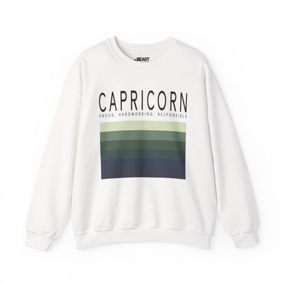 white sweatshirt with minimalist retro capricorn zodiac sign design for astrology fans