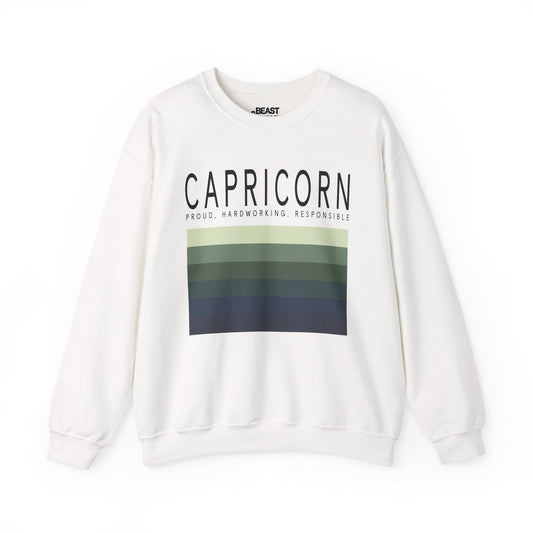 white sweatshirt with minimalist retro capricorn zodiac sign design for astrology fans