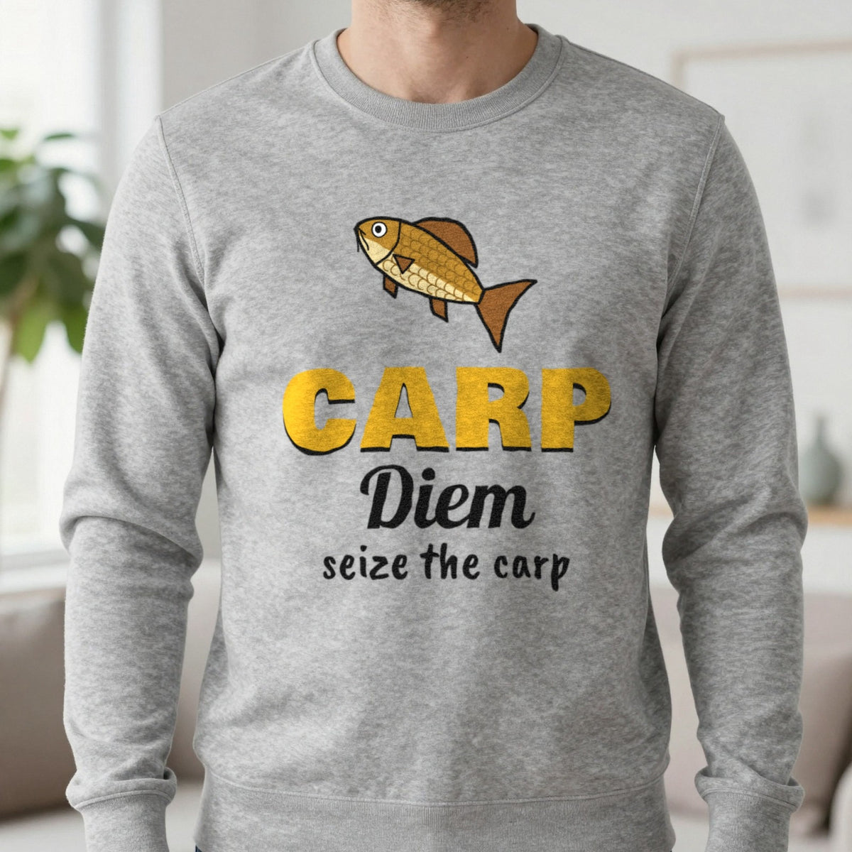Carp Diem Funny Carp Fishing T-Shirt & Sweatshirt in Sport Grey (Sweatshirt), worn, our photo