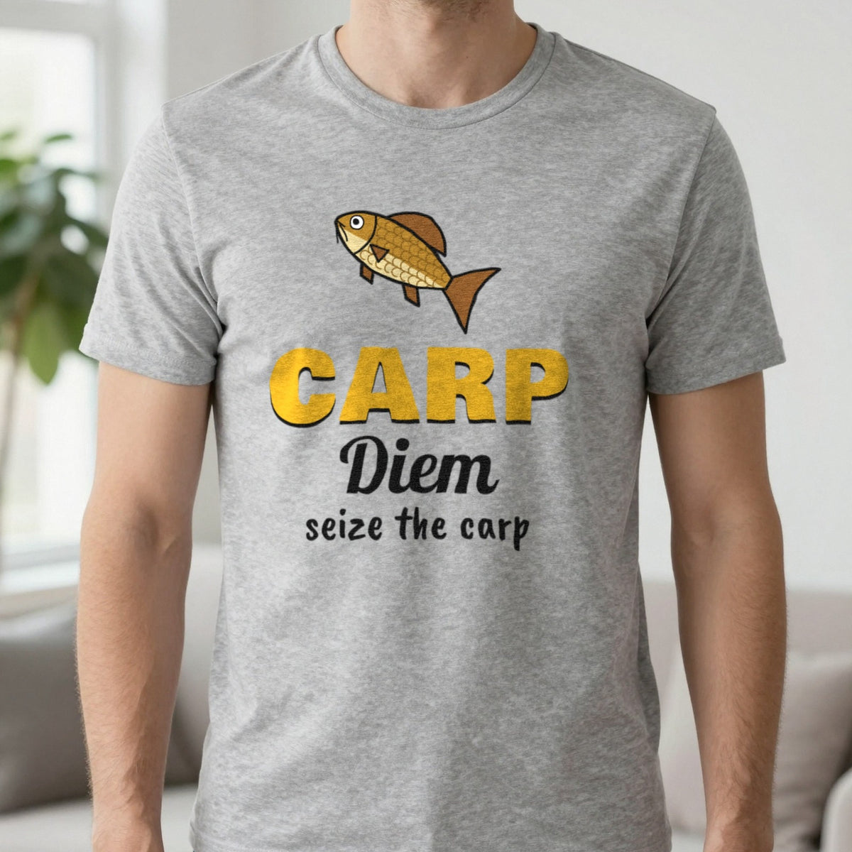 Carp Diem Funny Carp Fishing T-Shirt & Sweatshirt in Sport Grey (T-Shirt), worn, our photo