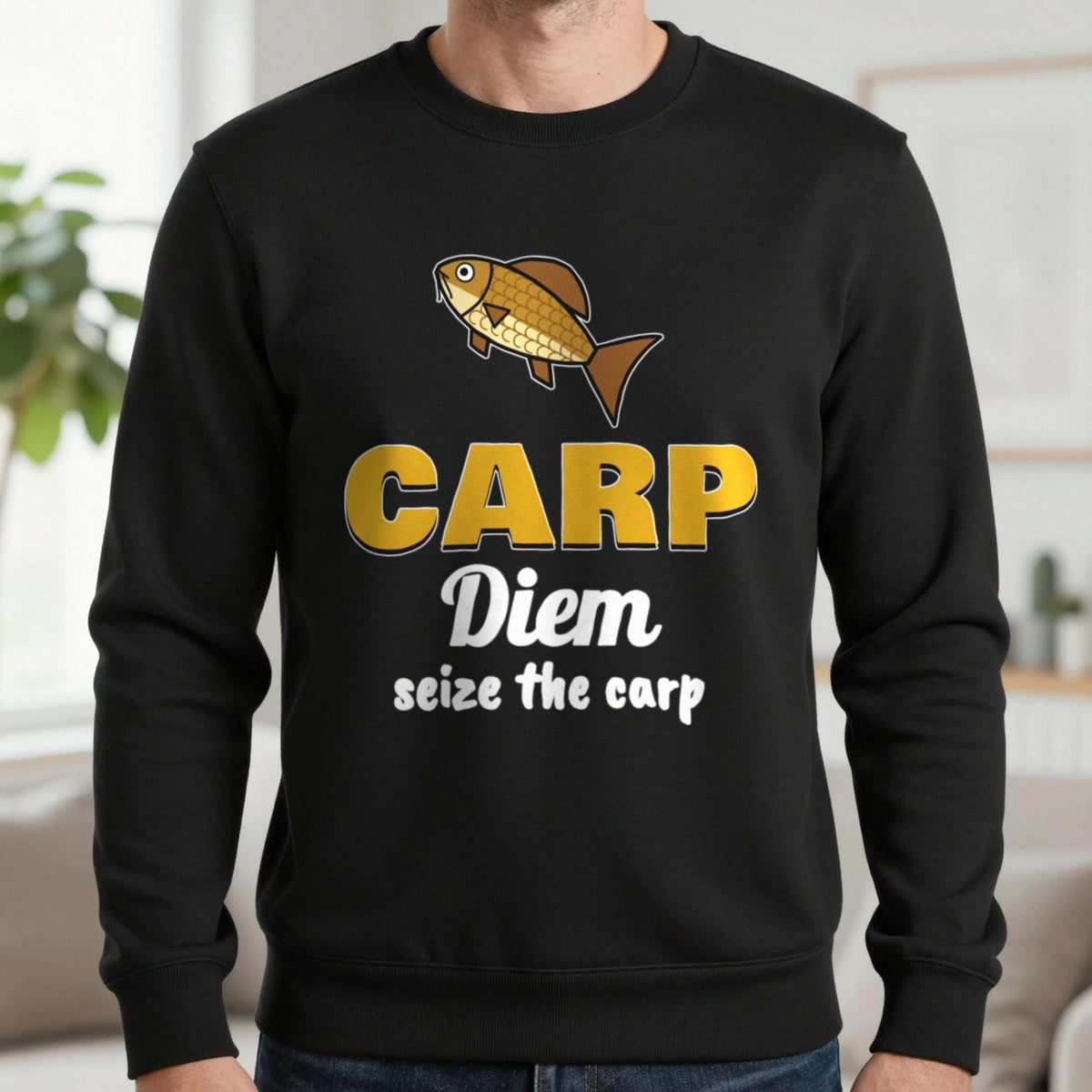 Carp Diem Funny Carp Fishing T-Shirt & Sweatshirt in Black (Sweatshirt), worn, our photo